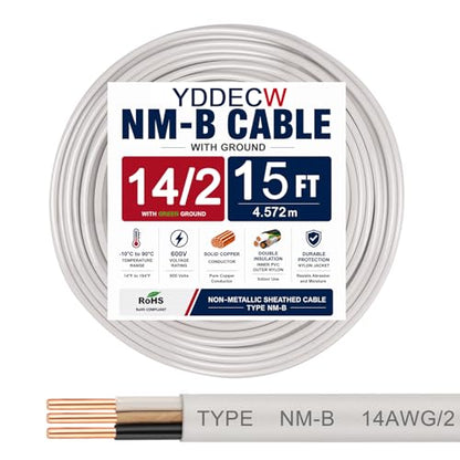 14/2 NM-B Wire with Ground - 15FT 14 Gauge Non-Metallic Sheathed Cable Pure Copper 14 AWG 2 Conductor Residential Indoor Wire for Outlets, Switches and Other Loads etc. - size: 15FT, style: 14AWG/2