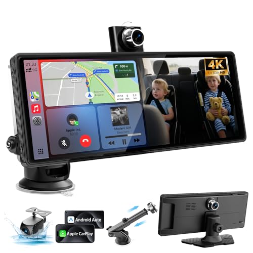 10.26" Wireless CarPlay Screen for Car with 180° Rotatable 4K Dash Cam & 1080P Backup Camera,Touchscreen Car Stereo with CarPlay & Android Auto, Mirror Link/Music Play/GPS Navigation