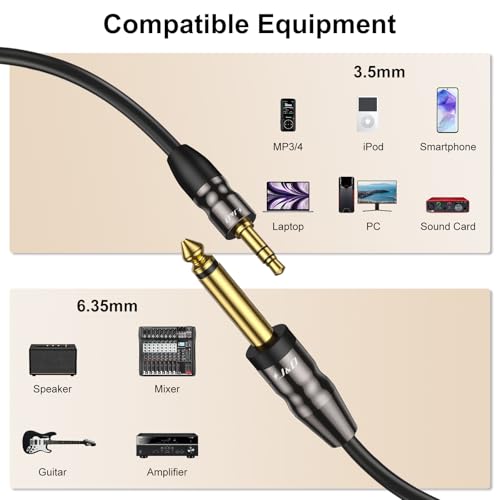 J&D 3.5mm to 6.35mm Stereo Audio Cable 6.5 Feet, 1/8 to 1/4 Cable, 3.5mm TRS Male to 1/4 Male Mono Interconnect Stereo Aux Jack Adapter Cable for Guitar, Bass, Home Theater Devices, Speaker - size: 6.5 Feet (1 Pack)