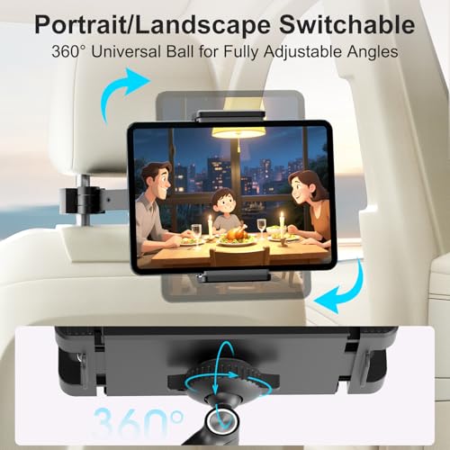 UPERGO Headrest Car Tablet Holder - [Long Aluminum Extension Arm] [Ultra-Compact] Foldable iPad Holder for Car Backseat, Road Trip Essentials iPad Back Seat Mount, Tablet Headrest Mount