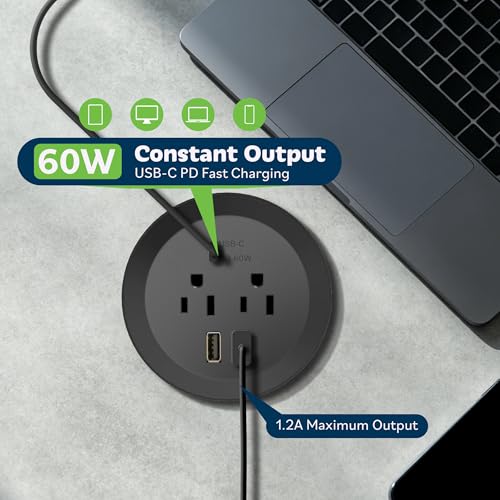 TOPGREENER Desktop Power Grommet with GaN 60W PD, Black - color: Black