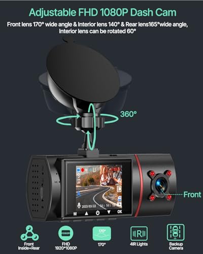 Dash Cam Front Rear and Inside, 3 Channel Dash Camera for Cars W/ 64GB Card - size: X25 3 Channel Dash Cam