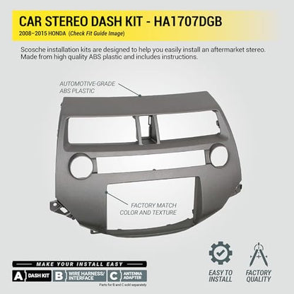 Scosche HA1707DGB Double or Single DIN Radio Install Dash Kit Compatible with Select 2008-15 Honda with Single Zone Climate Control - Aftermarket Car Stereo Installation Kit - See Fit Guide in Images - style: Dash Kit