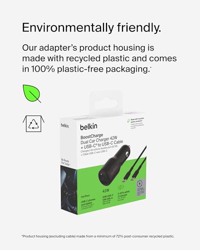 Belkin BoostCharge 42-Watt Dual Port Fast Car Charger w/30W USB-C&12W USB-A Ports,USB-C to C Cable Included for iPhone 17,17 Pro,Galaxy S26,S25,Pixel 10 & 9,Nintendo Switch 2 & More-Black (Pack of 6) - style: Car Charger + USB-C Cable, 6 Pack