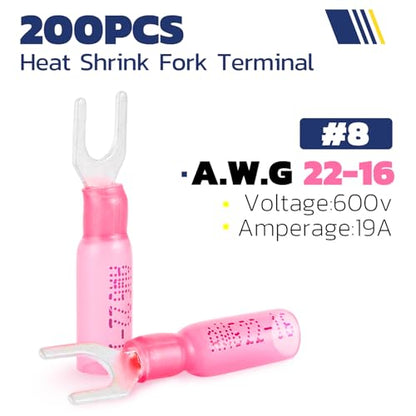 haisstronica 200PCS Heat Shrink Fork Terminals, 22-16 AWG, #8, Red - style: #8 200PCS Red