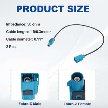 uxcell 2Pcs Antenna Extension Cable, 1ft/0.3meter Longer Fakra-Z Male to Fakra-Z Female RF Coax Cable for Car Stereo Head Unit GPS Navigation FM AM Radio RG174 - size: 1ft/0.30m