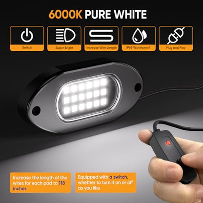 Honalia Pure White Rock Lights for Trucks 12 Pods with Switch 6000K - color: Pure White, size: 12 Pods