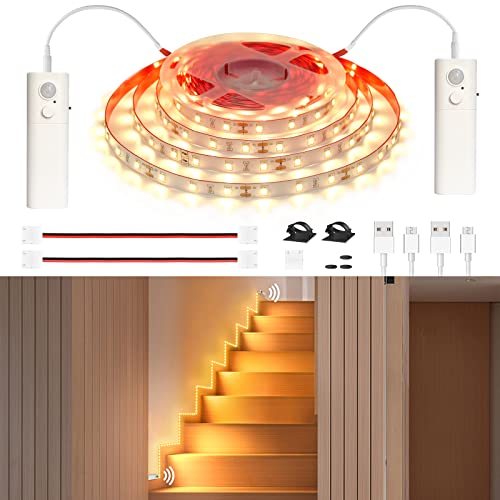 WOBANE 16.4ft Dual Motion Sensor Under Bed Lights,Rechargeable LED Strip - color: Warm White, size: 16.4ft White