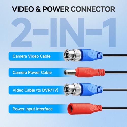 16.4FT/5M All-in-One Video Power Cable, Premade BNC Video Power Cable Extension Wire for CCTV Security Camera DVR Surveillance Systems, with BNC RCA Connectors & Cable Clips (Black) - size: 16.4ft