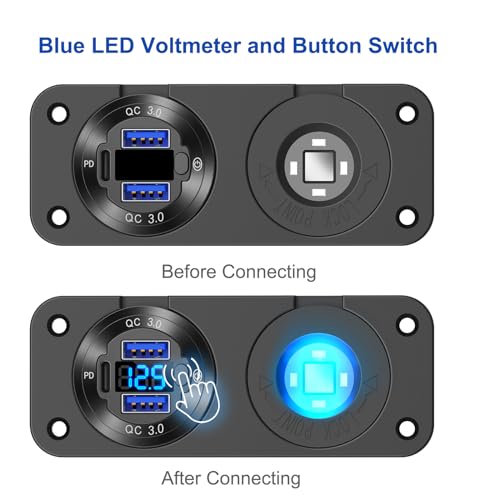 12V USB Outlet Marine Switch Panel Plug, PD3.0 and Dual QC3.0 USB Ports Aluminum Car Charger with LED Voltmeter Power Switch, Lighted 150W Cigarette Lighter Socket 2 in 1 DIY Kit for Boat RV ATV, etc. - color: Charger+Socket