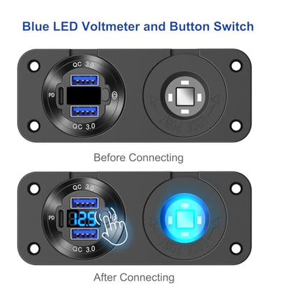 12V USB Outlet Marine Switch Panel Plug, PD3.0 and Dual QC3.0 USB Ports Aluminum Car Charger with LED Voltmeter Power Switch, Lighted 150W Cigarette Lighter Socket 2 in 1 DIY Kit for Boat RV ATV, etc. - color: Charger+Socket