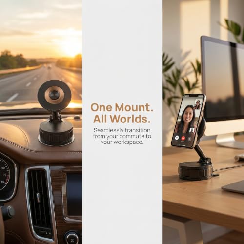 Vacuum Lock Magnetic Car Phone Holder, 5lbf Strong Suction, 360° Adjustable Triple-Axis Phone Stand, Reusable Washable PU Gel Base for iPhone 12-16 Series, Android Smartphones, Black