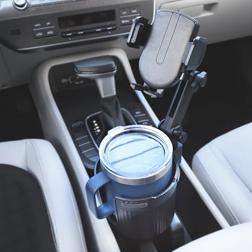 Armor All 2-in-1 Cup Holder Cell Phone Holder, Dual Cellphone Car Mount and Cupholder, XL Cupholder Holds Bottles, 6” in Arm 360° Degree Rotatable, Swivel Phone Mount Fits Most Phones, Expandable Base