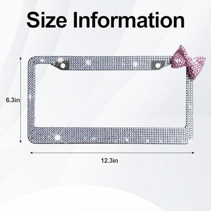 Wanheart 1 Pack White Bling License Plate Frame with Pink Corner Bow - color: White Frame + Pink Bow
