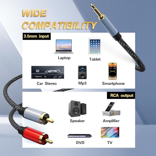 3.5mm to RCA Cable, 24K Gold-Plated RCA Male to Aux Audio Adapter 50ft/15M, Nylon Braided Audio and Video Cable Extension for Smartphones, HDTV, Tablet, Home Theater, Speaker, MP3