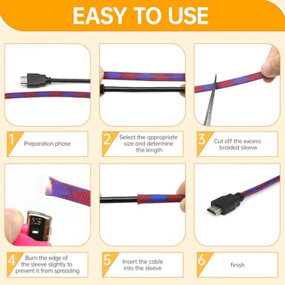 Braided Wire Loom Sleeve - Pet Proof Chew Resistant Cable Wrap, High Density Expandable Cable Sleeving for Automotive Wire Harness & PC Computer Case 16.4ft (Blue Red, 20mm (25/32")) - color: Blue Red, size: 20mm (25/32")