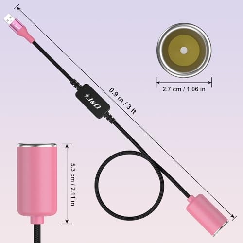 J&D USB A Male to 12V Car Cigarette Lighter Socket Female Converter Cable, 3 ft, 12V 18W Power Adapter, Compatible with Dash Cam, GPS, Car LED Light Strips, Pink - color: Pink, size: 3 Feet/ 90 CM