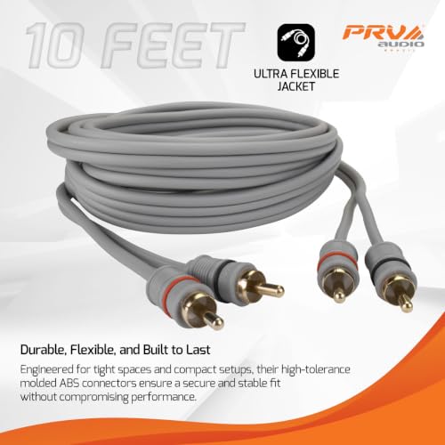 PRV AUDIO Premium 2 Channel Car Audio 10 ft RCA Cable – Oxygen Free Copper Shielded, Noise Reducing Audio Signal Cable for Amplifiers, DSP & Head Units – RCA-10FT V5
