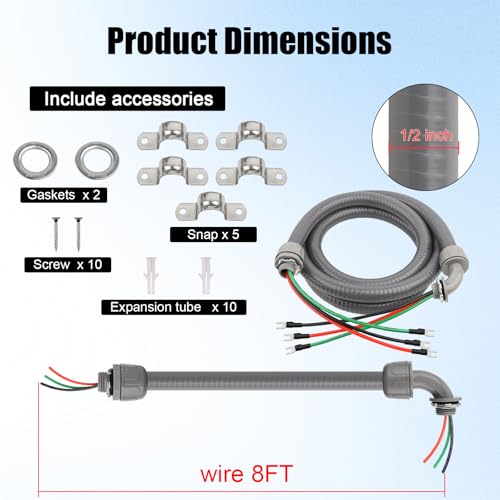 1/2Inch Power Whips Assembly, 8FT Nonmetallic Liquid Tight Flexible Conduit Wire with 3 Conductors 10 Gauge THHN Electrical Wires, A/C Hook-up Whip Kit Electrical Wire(8FTx1/2Inch) - color: Teminal, size: 8FT