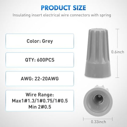 Nilight 600PCS Gray Wire Connectors Kit 22-20 AWG Electric Wire Caps - color: 600PCS 22-20# Wire Caps
