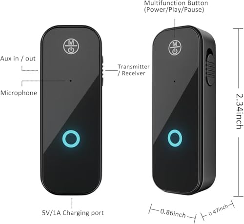 PWireless Bluetooth AUX Adpater for Car, 2 in 1 Bluetooth 5.0 Transmitter Receiver, 3.5mm Aux Audio Adapter, Wireless Audio Receiver for for Cars, Speakers, Stereo Systems and Headphones