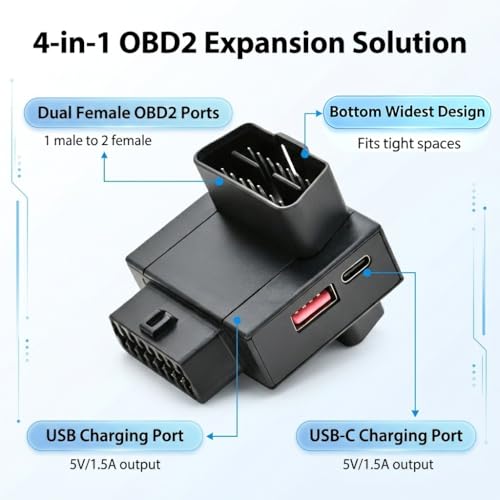 iKKEGOL OBD2 Splitter Adapter, OBD II 16 Pin 1 Male to 2 Female Extension Cable with USB & USB-C Charging Ports, OBD2 Y Splitter 2 Way Dual Converter for Diagnostic Scanner Dash Cam (Bottom Widest) - color: Bottom Widest