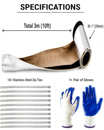 1" I.D.x 10FT Aluminized Heat Shield Sleeving- 2000°F Radiant Thermal Barrier Wrap for Automotive Fuel Lines, Wiring Loom, and A/C Hoses, with 10 Pcs Stainless Steel Cable Ties & Protective Gloves - size: 1''I.D. - 10FT