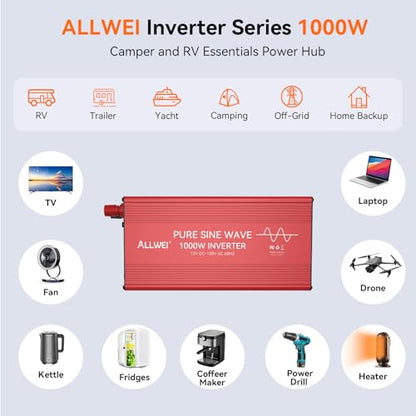 ALLWEI 1000W Pure Sine Wave Inverter, 12V DC to 120V AC Converter