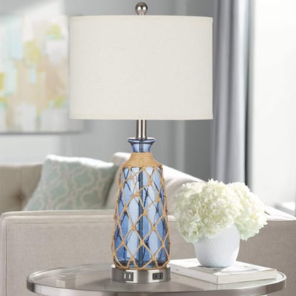Ruzectt 25.5" Coastal Glass Table Lamps Set of 2, 3-Way Dimmable Touch Control Bedside Lamps with 2 USB Ports and AC Outlet, Blue Nautical Nightstand Lamps for Bedroom Living Room (LED Bulbs Included) - color: Blue