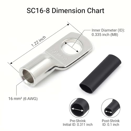 10PCS 6 Gauge Wire Connectors with Heat Shrink Tubing, Battery Terminal Ends, Tinned Copper Ring Terminals for 6 AWG - for Automotive, RV, Solar & Outdoor Power Equipment(SC16-8) - size: SC16-8