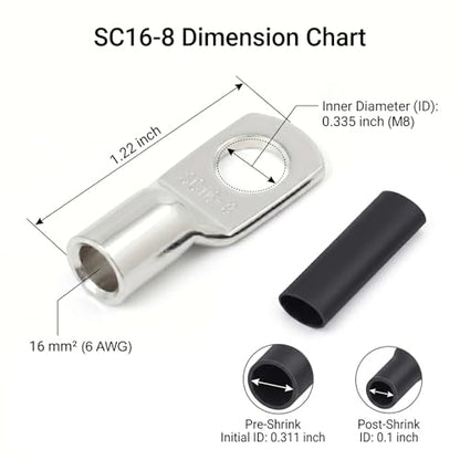 10PCS 6 Gauge Wire Connectors with Heat Shrink Tubing, Battery Terminal Ends, Tinned Copper Ring Terminals for 6 AWG - for Automotive, RV, Solar & Outdoor Power Equipment(SC16-8) - size: SC16-8