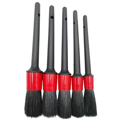 Car Detailing Brush Set of 5 - Boar Hair, Cleaning Brush, Wheel Cleaner Brush, Car Dust Brush, Car Interior Leather Seat and Vent Brush, Parts Cleaner Brush