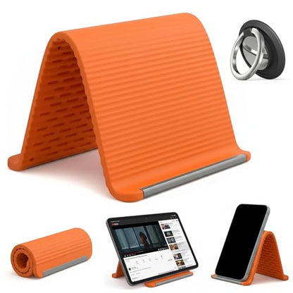 Flexible Silicone Phone Holder & Silicone Phone Stand, Bendable Airplane Travel Stand for Phone Tablet Laptop, Foldable Multi-Angle Desktop Mount with Bonus 360° Magnetic Ring Holder, Orange