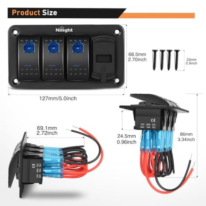 Nilight 3 Gang Rocker Switch Panel with 4.8 Amp Dual USB Charger Voltmeter Night Glow Stickers Waterproof 12V 24V DC Switches for Cars Trucks Boats RVs, 2 Years Warranty,Blue - color: Blue, size: 4 Gang Dual USB