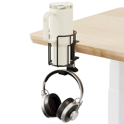 Large Desk Cup Holder, 2-in-1 Clip On Cup Holder with Headphone Hook, Heavy-Duty Metal Drink Holder for Insulated Tumblers, Big Water Bottles, Fits Office Desk Organizer, Dorm, Gaming Setup (1 Pack) - color: Black- 1 Pack