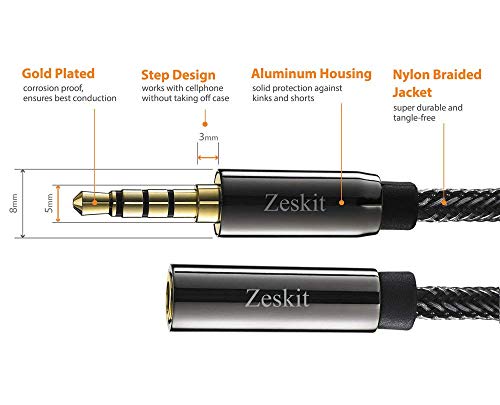 Zeskit Premium 3.5mm Jack Male to Female AUX Audio Extension Cable, TRRS 4 Poles for Headphones with Mic, Speakers - 12ft - size: 12 Feet