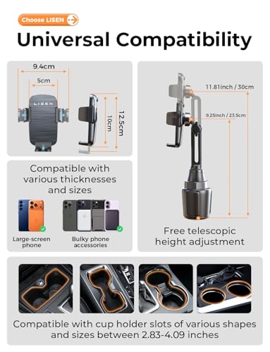 LISEN [Upgraded Version Cup Holder Phone Holder for Car, Universal 360° Adjustable Long Neck Car Phone Mount Golf Cart Truck Jeep, Compatible with iPhone Samsung Google & All 4.0-7.0 '' Phones