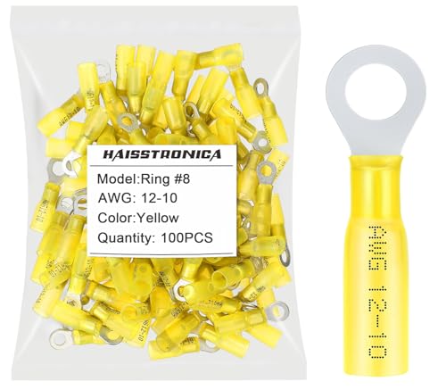 haisstronica 100PCS Heat Shrink Ring Terminals, 12-10 AWG, #8, Yellow - color: Yellow, size: Ring #8