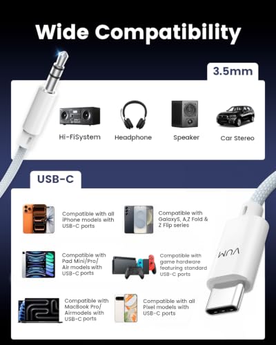 VUM USB-C to AUX Hi-Res 3.5mm Audio Cable for Car,Headphones,Speakers 2ft - color: White & Blue Weaving, size: 2 ft