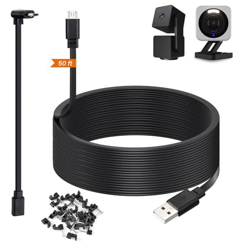50ft Power Cable for Wyze Cam v4, Pan v3, OG, v3 and v3 Pro Gameras, Black - color: Black