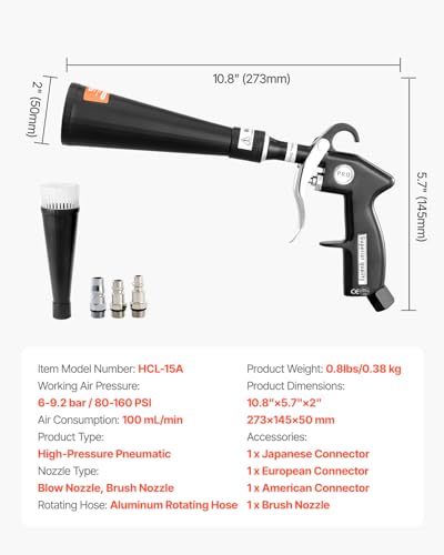 VEVOR Car Cleaning Gun, 6-9.2 Bar High-Pressure Air Blow Gun with 2 Set Nozzles, 360° Rotating Nozzle for Complete Cleaning, Quickly Blasts Dirt and Dust from Surface, Work with 1/4 NPT Air Compressor