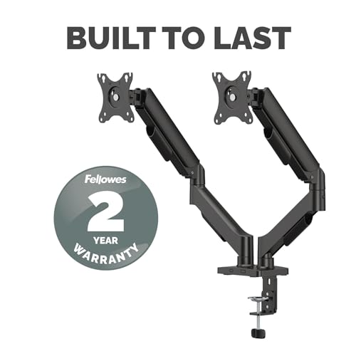 Fellowes Everyday Plus Dual Gas Spring Monitor Arm Holds Two Screens up to 32" Weighing 4.4-19.84 lbs ea, Height Adjusting, Tilt, Swivel, Rotate, VESA 75/100, Clamp or Grommet Mount, Cable Management - style: Everyday Plus Dual Arms