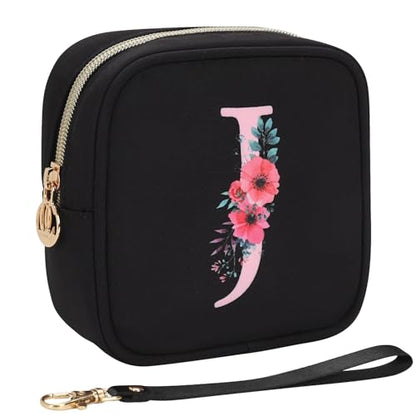Relavel Initial Mini Makeup Bag for Girls, Small Makeup Bag for Purse with Zipper ＆ Removable Handle, Portable Makeup Pouch Lipstick Skincare Bag, Small Gift Cosmetic Bags for Women Girls(Black J) - size: A-Small, style: J
