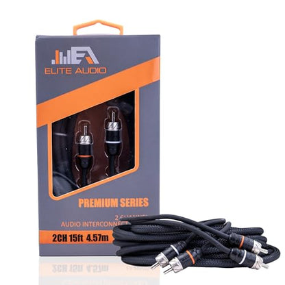 Elite Audio Premium Series 15ft. 2-Channel Car Audio RCA Cable – Double Shielded, Oxygen Free Copper, Noise Reducing Audio Cable for Amplifiers, Subwoofers, Speakers, and Processors – PRM15 - size: 15' (ft), style: 2-Channel