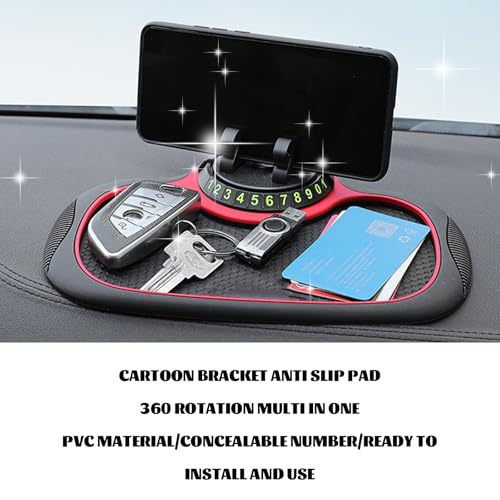 Multifunctional 3-in-1 Car Anti-Slip Dashboard Mat, Extra Large Anti Skid Pad with 360°Rotating Phone Holder & Temporary Parking Number, Universal Dash Organizer for Phones Sunglasses (Black & Red)
