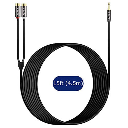 J&D RCA to 3.5mm Cable, 1/8 inch 3.5mm Auxiliary Male to 2RCA Female Stereo Audio Cord Gold Plated Aux Y Splitter for Smartphone, Tablet, MP3, Computer, Speaker, 15 Feet - size: 15 Feet