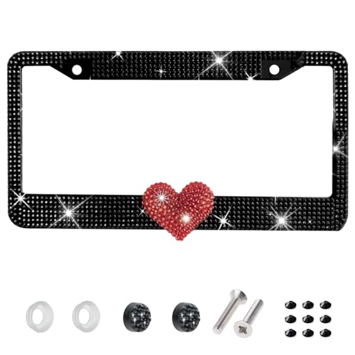 1 Pack Black Bling License Plate Frame with Red Rhinestone Heart - color: Black Frame+Red Heart