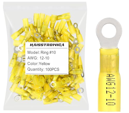 haisstronica 100PCS Heat Shrink Ring Terminals, 12-10 AWG, #10, Yellow - color: Yellow, size: Ring #10