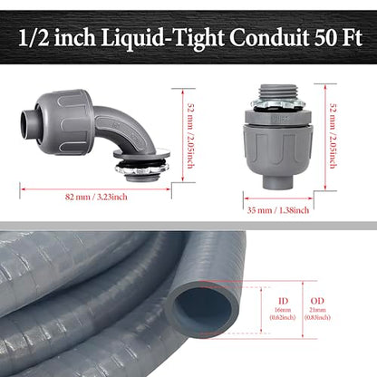 50 Foot Liquid-Tight Conduit Kit - 1/2inch Flexible Non Metallic Liquid Tight Electrical Conduit and 5 Straight and 4 Angle Fittings Included. 1/2" Dia - size: 1/2inch 50Ft
