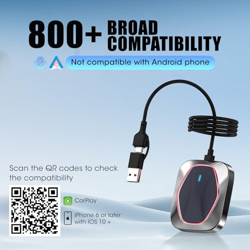 Wireless CarPlay Adapter for iPhone,Convert Wired to Apple CarPlay Wireless Adapter, Plug and Play, with 60CM Extension Cable USB & Type-C, Connection Stable No Delay - style: Metal Panel
